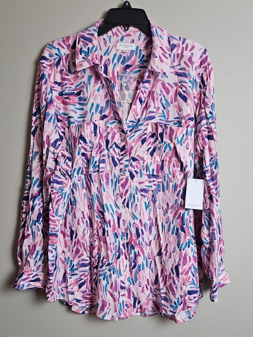 Westbound Linen Blend Long Sleeve Button Front Top: Pink/multi Print: Size- 1X